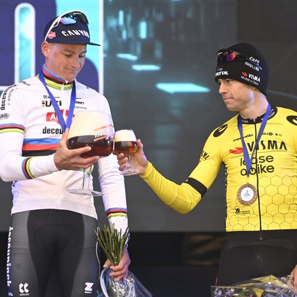2024 E3 Harelbeke cycling race HARELBEKE, BELGIUM - MARCH 22 : Van Der Poel Mathieu NED of Alpecin-Deceuninck, Stuyven Jasper BEL of Lidl - Trek and Van Aert Wout BEL of Team Visma Lease a Bike pictur ...