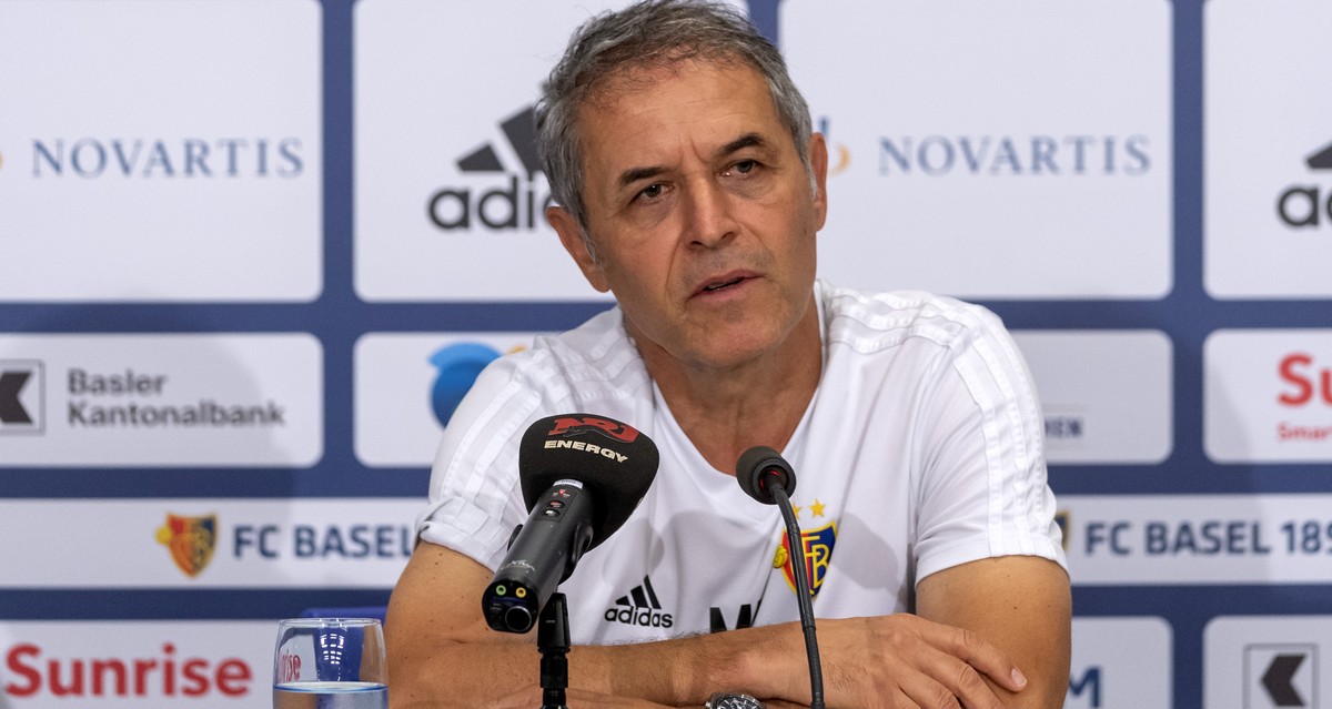 Basel's head coach Marcel Koller speaks during a press conference the day before the UEFA Champions League third qualifying round first leg match between Switzerland's FC Basel 1893 and Aust ...