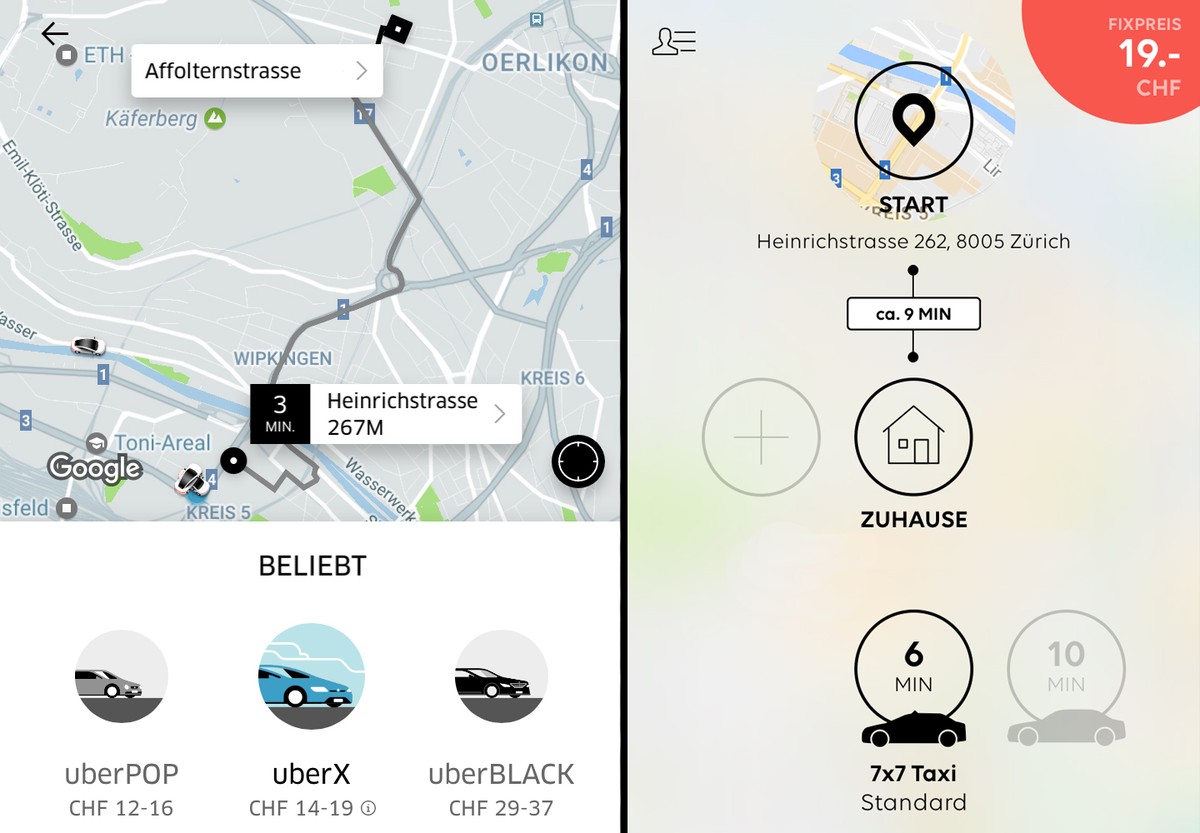 Bei kurzen Fahrten zeigt sich noch kein deutlicher Preisunterschied: UberX fährt die Strecke für 14–19 Franken, «go!» für 19 Franken.