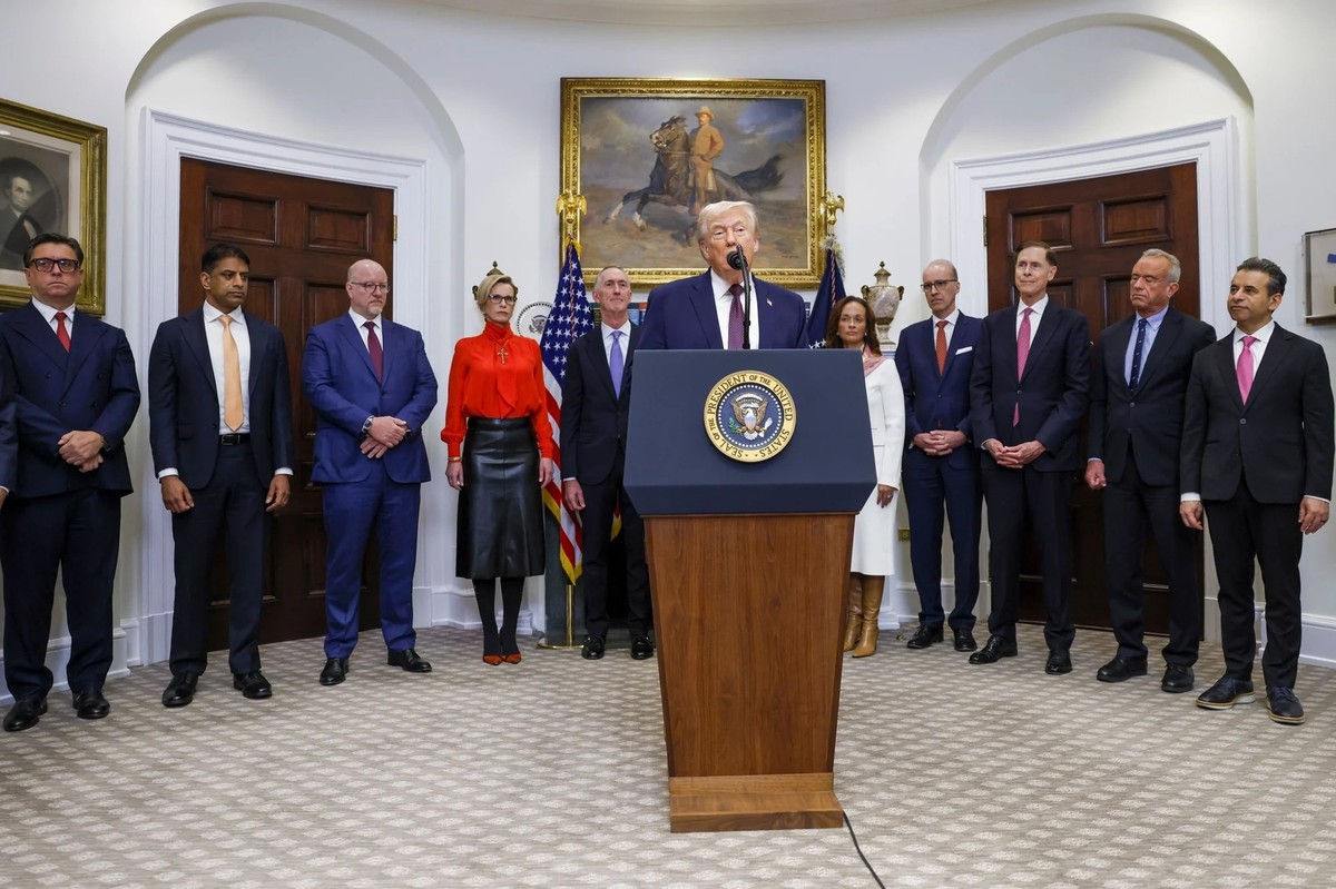 Donald Trump und «seine» Pharma-Chefs am Freitag im Weissen Haus. Mit dabei waren auch Novartis-Boss Vasant Narasimhan (2.von links) und die Chefin der Roche-Tochter Genentech, Ashley Magargee (rechts ...
