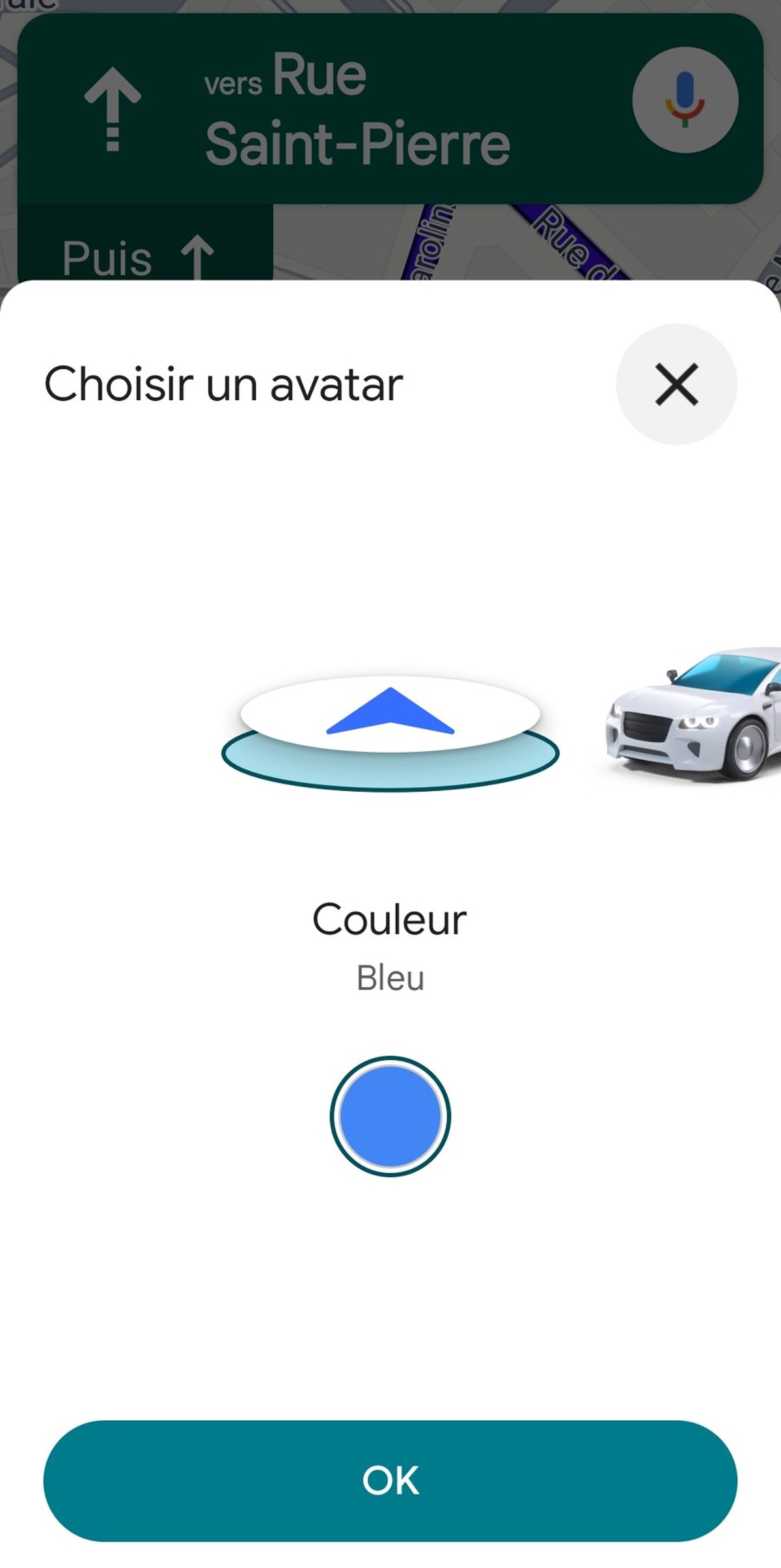 Après avoir lancé un itinéraire, appuyez sur la flèche afin de personnaliser sa couleur ou son apparence.
