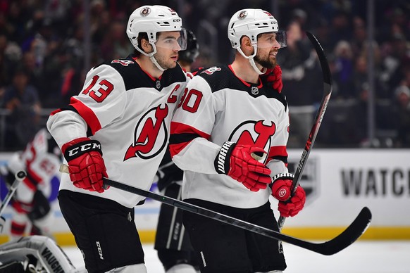 NHL, Eishockey Herren, USA New Jersey Devils at Los Angeles Kings January 14, 2023 Los Angeles, California, USA New Jersey Devils left wing Tomas Tatar 90 celebrates his power play goal scored against ...