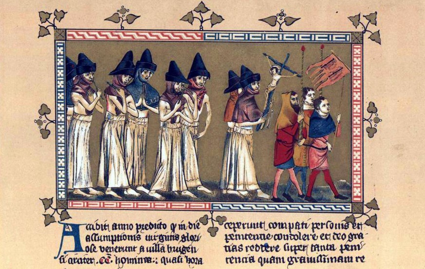 RECORD DATE NOT STATED Belgium / Europe: Flagellants at Doornik Tournai seeking relief from the Black Plague 1349 - A miniature from the Chronicle of Aegidius li Muisis Brussels The Black Death was on ...