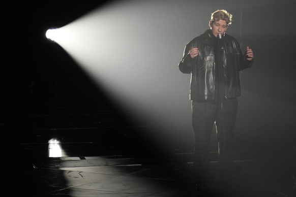 Marius Bear from Switzerland singing Boys Do Cry performs during rehearsals at the Eurovision Song Contest in Turin, Italy, Monday, May 9, 2022. (AP Photo/Luca Bruno)