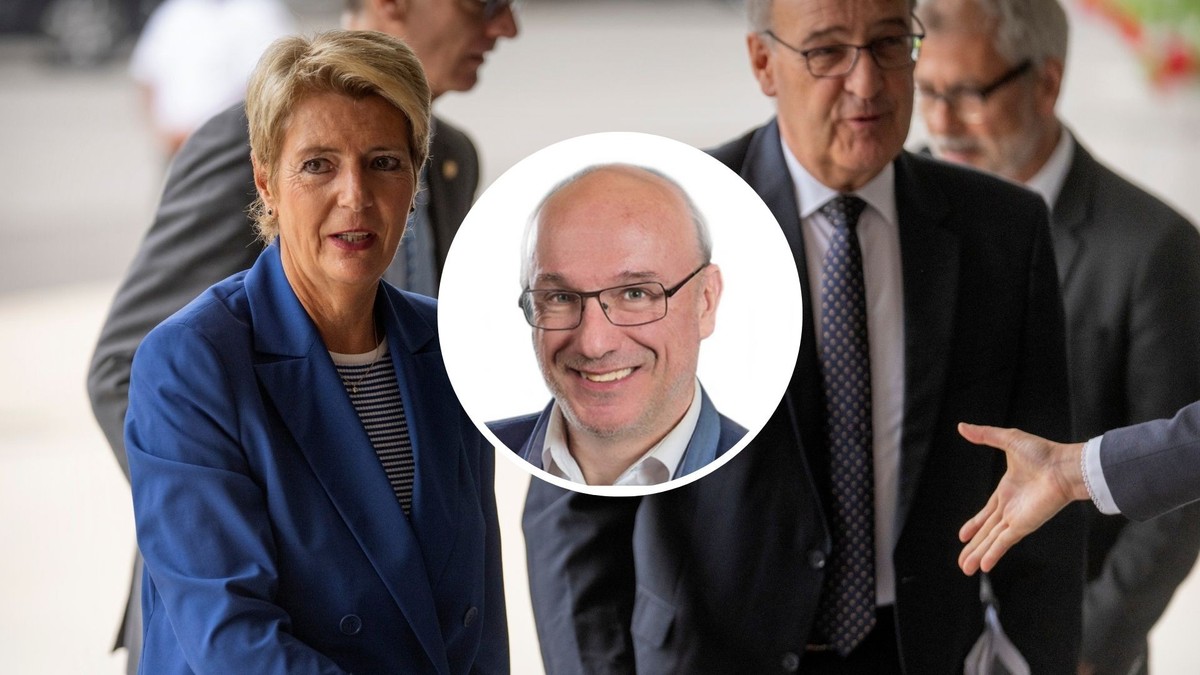 Karine Keller-Sutter et Guy Parmelin le 6 août à Washington. Médaillon: Olivier Meuwly.