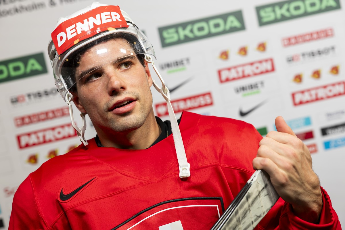 Switzerland's forward Kevin Fiala speaks with to media in the mixed zone, after a Switzerland training session one day before the IIHF 2025 World Championship quarter final game against Austria,  ...