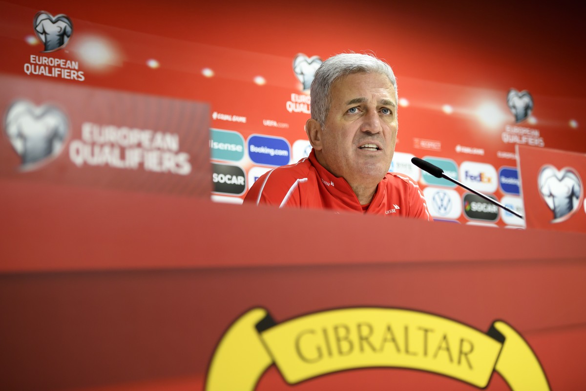 epa08003909 Switzerland's head coach Vladimir Petkovic, speaks during a press conference on the eve of the UEFA Euro 2020 qualifying Group D soccer match between Gibraltar and Switzerland, at the ...
