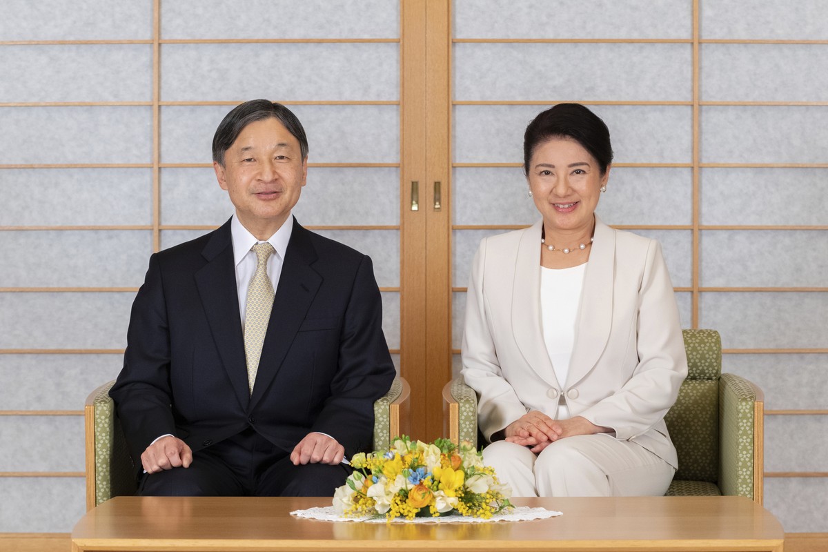 In this photo provided by the Imperial Household Agency of Japan, Japanese Emperor Naruhito, left, and Empress Masako pose for a photo at the Imperial Palace in Tokyo, Japan, on Feb.10, 2022, ahead of ...