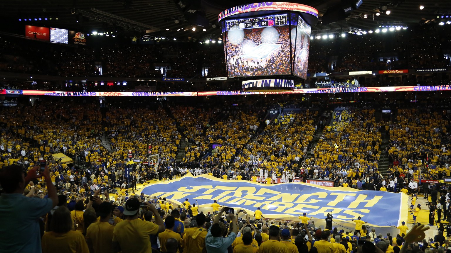 epa06011205 Golden State Warriors time-out fan ceremony against the Cleveland Cavaliers during game two of the NBA Finals basketball game at Oracle Arena in Oakland, California, USA, 04 June 2017. EPA ...