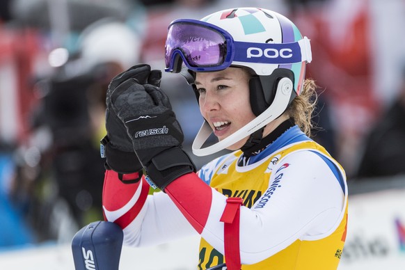 Michelle Gisin from Switzerland reacts in the finish area during the women&#039;s Slalom race of the Alpine Combined at the FIS Alpine Skiing World Cup event in Crans-Montana, Switzerland, Sunday, Feb ...