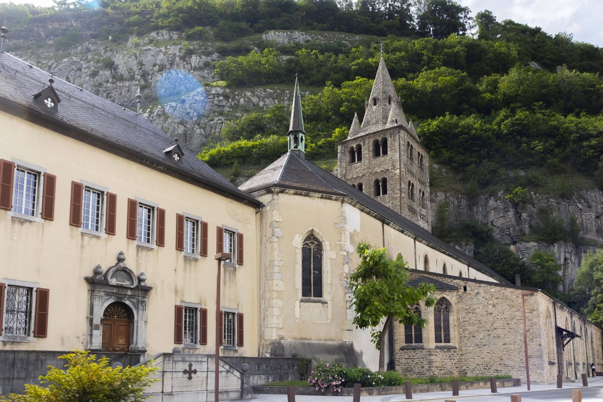 Saint Maurice, Switzerland June 5, 2022 - View of the Saint Maurice d Agaune Abbey. This religious site, where a community of canons lives, has undergone many successive transformations over its 1,500 ...
