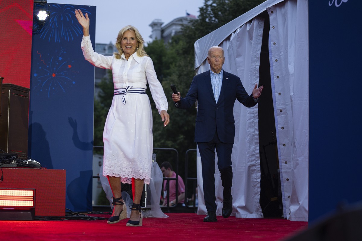 President Joe Biden and first lady Jill Biden arrive for a Fourth of July celebration for military and veteran families on the South Lawn of the White House, Thursday, July 4, 2024, in Washington. (AP ...