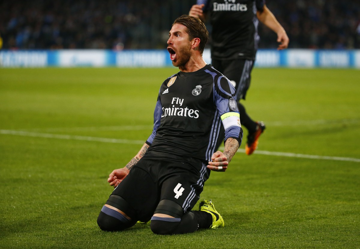 Football Soccer - Napoli v Real Madrid - UEFA Champions League Round of 16 Second Leg - Stadio San Paolo, Naples, Italy - 7/3/17 Real Madrid's Sergio Ramos celebrates scoring their second goal Re ...