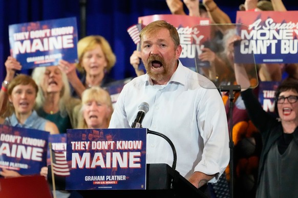 Democratic U.S. Senate candidate Graham Platner speaks during a primary election night watch party after winning the Democratic nomination Tuesday, June 9, 2026, in Blue Hill, Maine. (AP Photo/Robert  ...