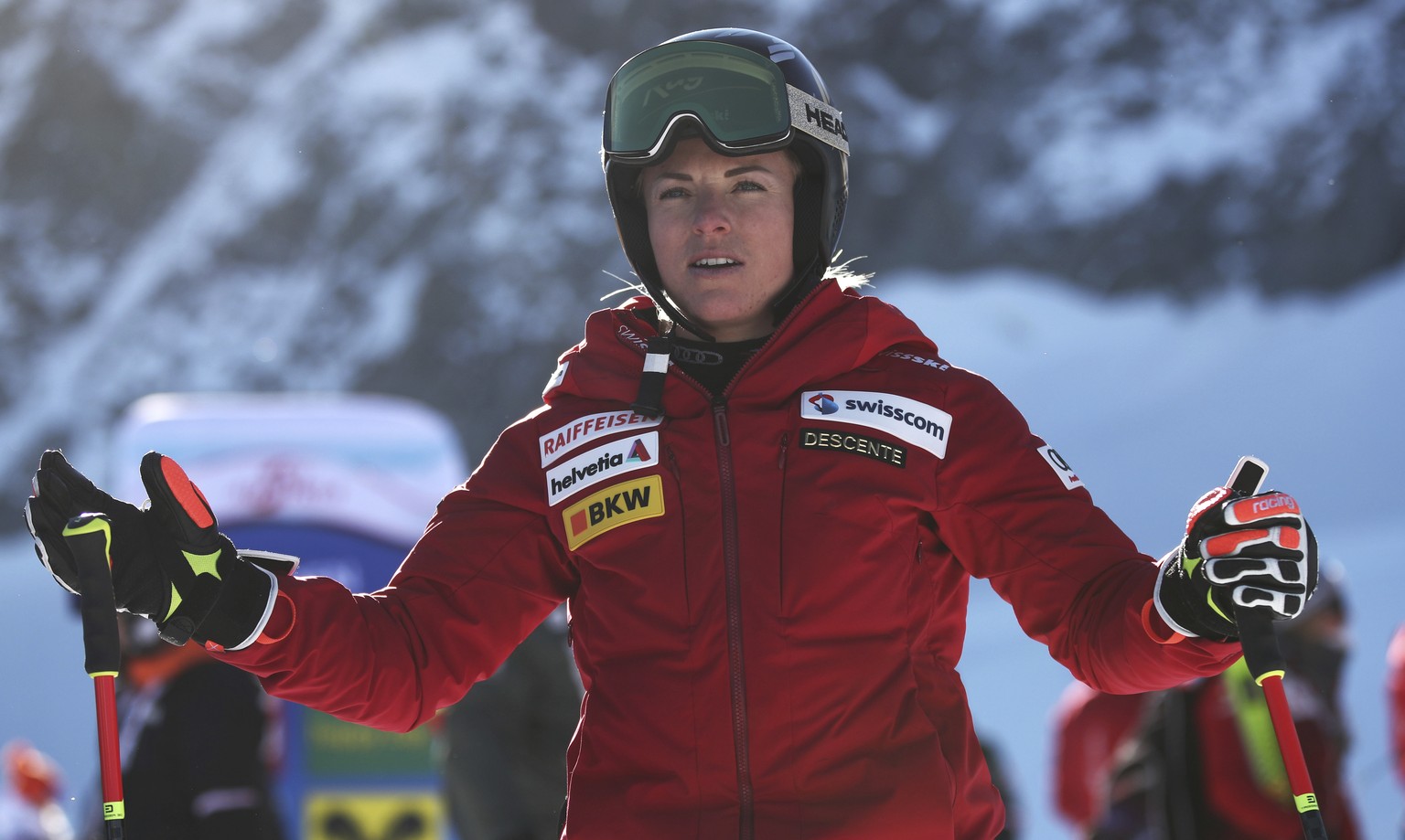 Switzerland&#039;s Lara Gut-Behrami prepares prior to an alpine ski, women&#039;s World Cup giant slalom, in Soelden, Austria, Saturday, Oct. 23, 2021. (AP Photo/Gabriele Facciotti)