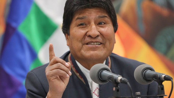 epa07945997 Bolivia&#039;s President Evo Morales, speaks during a press conference in La Paz, Bolivia, 24 October 2019. Morales said that he will go to the second round if he fails to win in the first ...