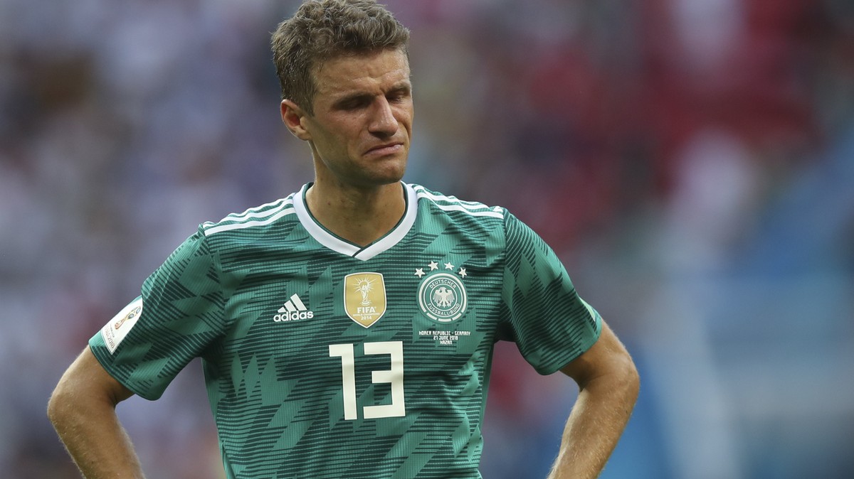 Germany's Thomas Mueller leaves the pith at the end of the group F match between South Korea and Germany, at the 2018 soccer World Cup in the Kazan Arena in Kazan, Russia, Wednesday, June 27, 201 ...