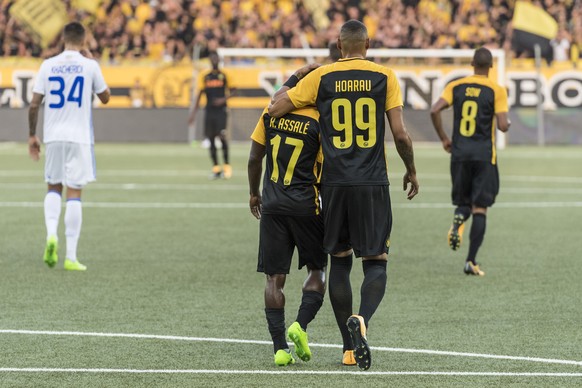 YB&#039;s Guillaume Hoarau, right, and Roger Assale react after Hoarau&#039;s 1:0, during the UEFA Champions League third qualifying round, second leg match between Switzerland&#039;s BSC Young Boys a ...