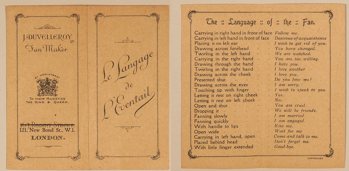 Englische Version der «Langage de l’eventail», der Fächersprache.
https://mosaic.gr/duvelleroy/