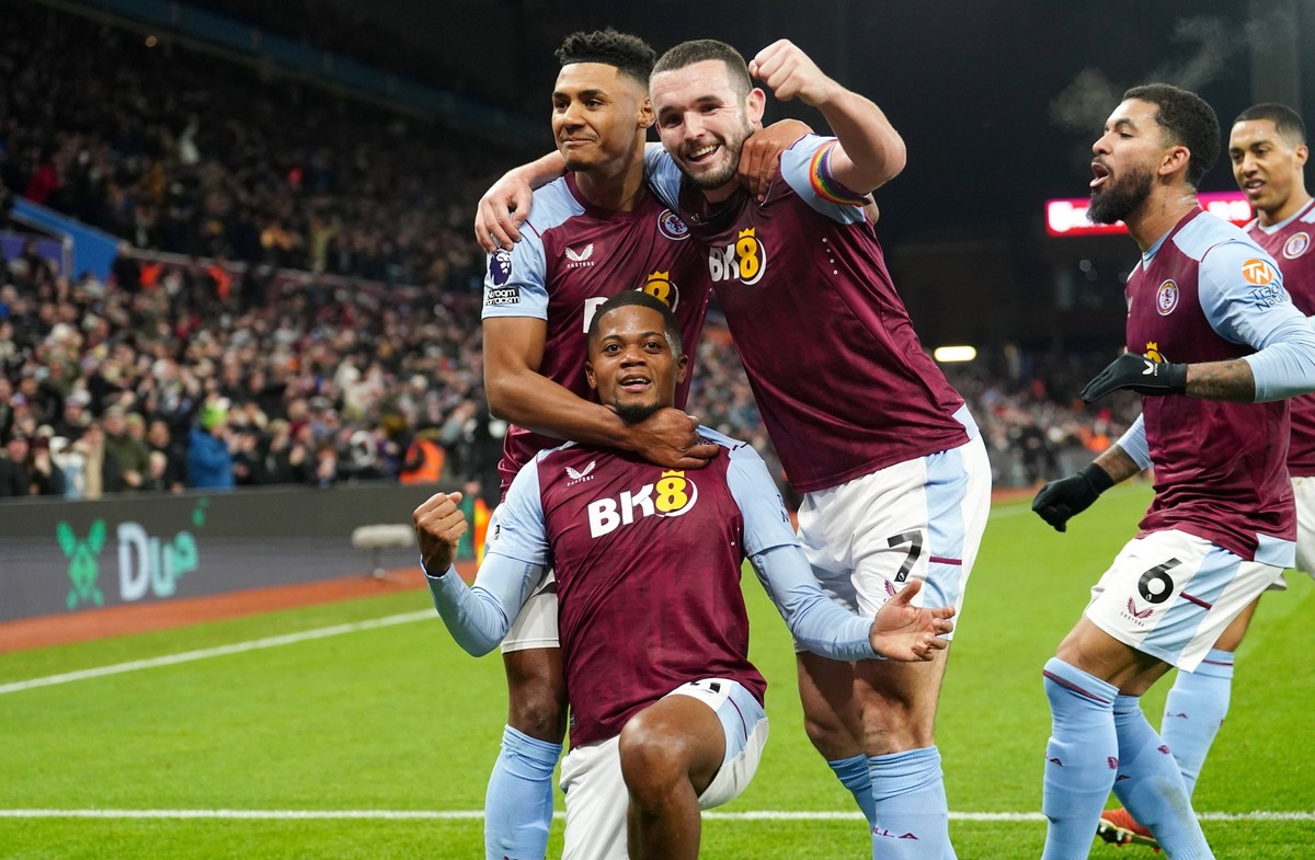 Aston Villa v Manchester City - Premier League - Villa Park Aston Villa s Leon Bailey bottom celebrates with Ollie Watkins top left and John McGinn after scoring their side s first goal of the game du ...