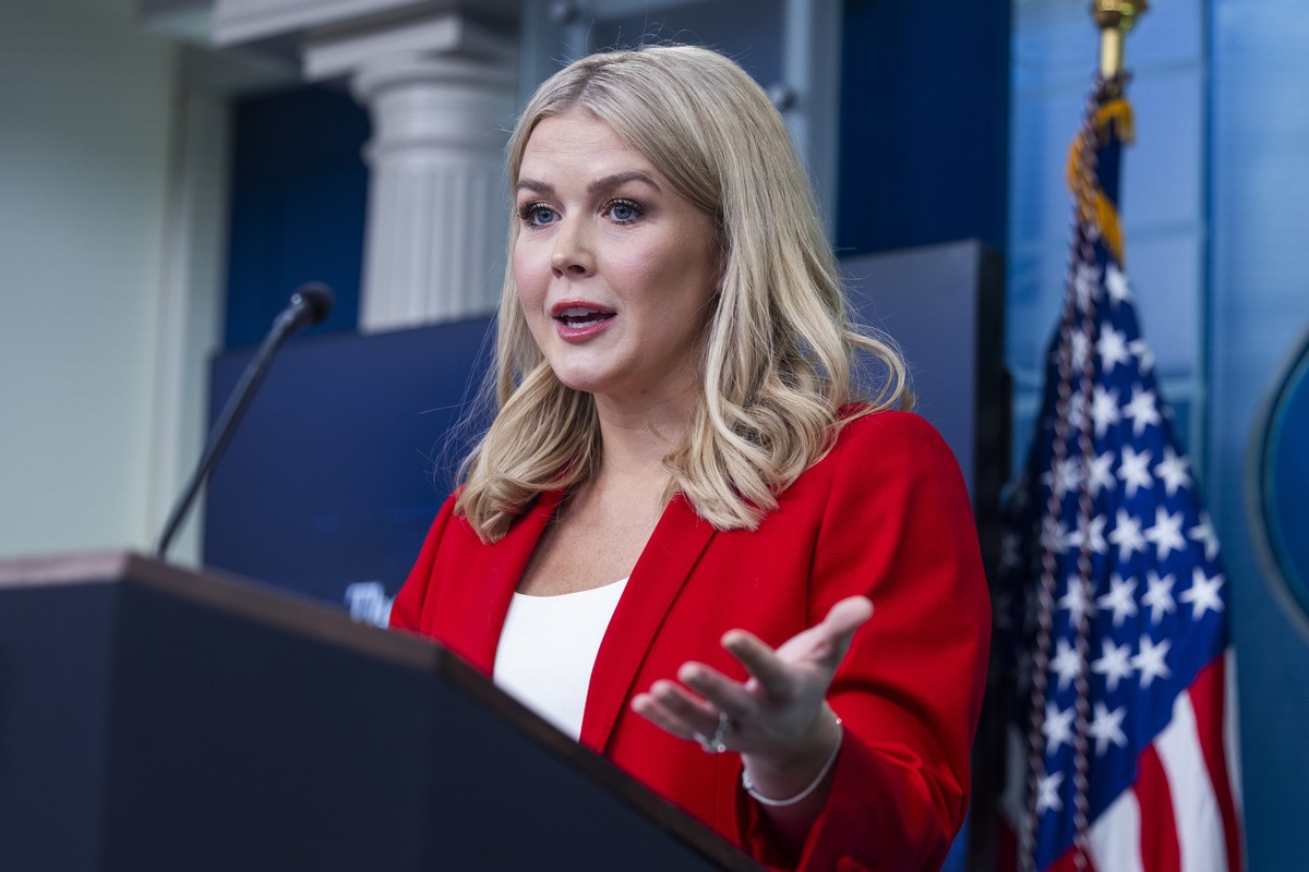 epa11924302 US President Donald Trump's Press Secretary Karoline Leavitt speaks to reporters in the briefing room of the White House in Washington, DC, USA, 25 February 2025. Leavitt said the Whi ...