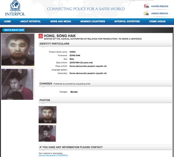 This Interpol website photo released on Thursday, March 16, 2017 shows Interpol&#039;s red notice for North Korea&#039;s Song Hak Hong. National police chief Khalid Abu Bakar told reporters that four  ...