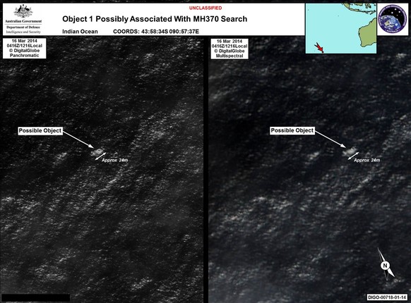 Satellite imagery provided to Australian Maritime Safety Authority (AMSA) of objects that may be possible debris of the missing Malaysia Airlines Flight MH370 in a revised area 185 km (115 miles) to t ...