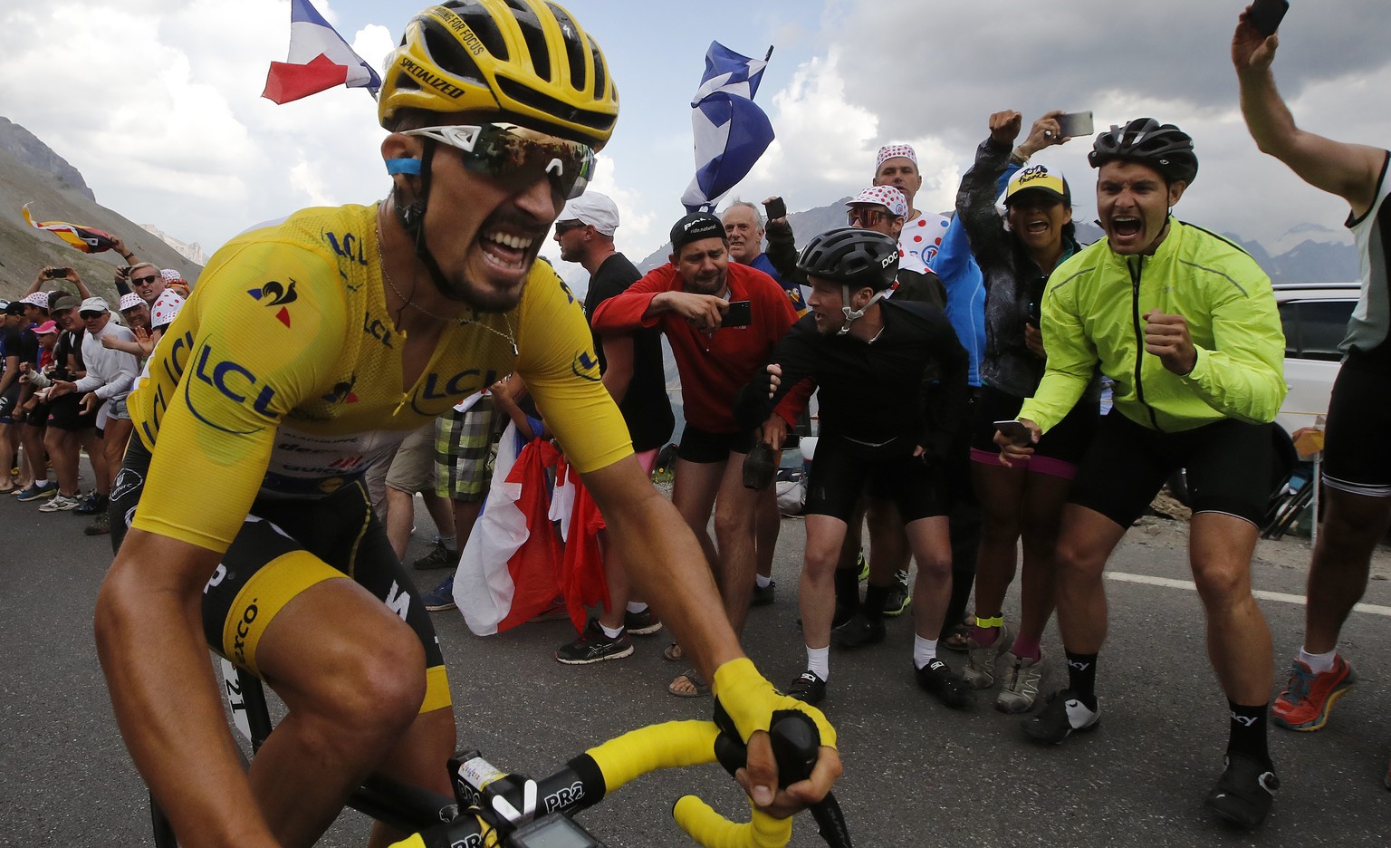 France&#039;s Julian Alaphilippe wearing the overall leader&#039;s yellow jersey climbs the Galibier pass during the eighteenth stage of the Tour de France cycling race over 208 kilometers (130 miles) ...