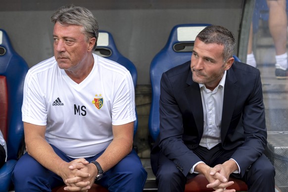 Basel&#039;s temporary assistant coach Marco Schaellibaum, left, and temporary head coach Alex Frei, right, during the UEFA Champions League second qualifying round second leg match between Switzerlan ...