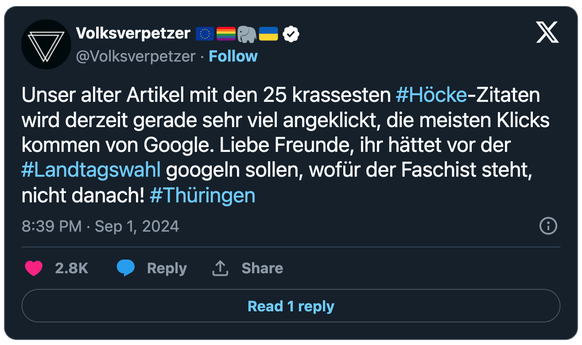 Tweet zu Rechtsrutsch in Deutschland.