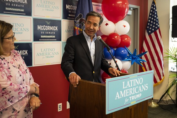 Former Puerto Rico Gov. Luis Fortuno speaks as the &quot;Latino Americans for Trump&quot; office opens in Reading, Pa., Wednesday, June 12, 2024. (AP Photo/Joe Lamberti)