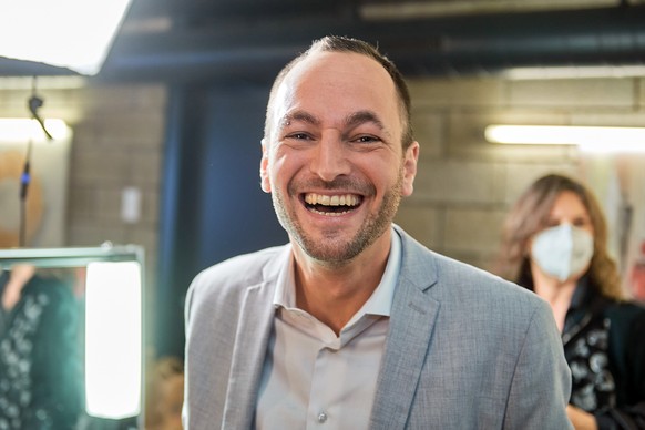 Mathias Reynard au centre medias lors des elections au Conseil d&#039;Etat valaisan ce dimanche 7 mars 2021 au Techno-pole a Sierre.( KEYSTONE/Olivier Maire)