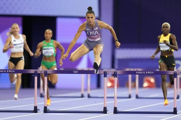 Sydney McLaughlin-Levrone, of the United States, competes in the women&#039;s 400-meters hurdles semifinal at the 2024 Summer Olympics, Tuesday, Aug. 6, 2024, in Saint-Denis, France. (AP Photo/Petr Da ...