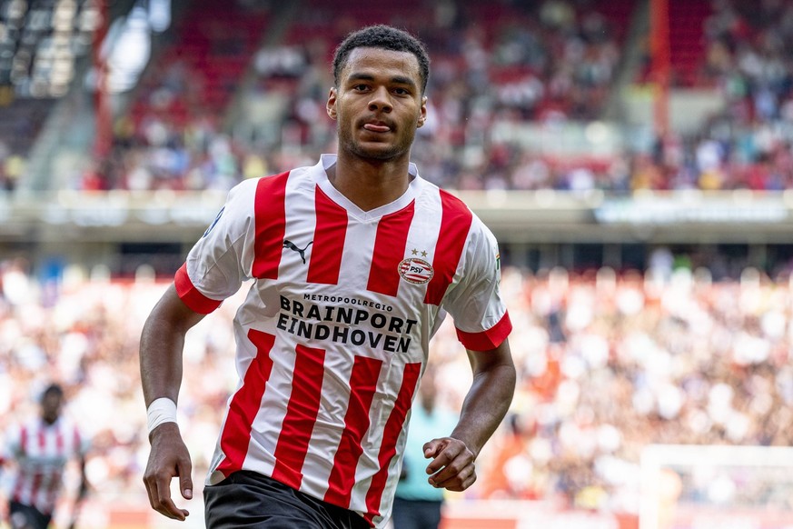 EINDHOVEN, Netherlands, 23-07-2022, football, Philips stadium, Dutch eredivisie, season 2022 / 2023, during the match PSV - Real Betis, PSV player Cody Gakpo scores the 1-0 and celebrating the goal PS ...