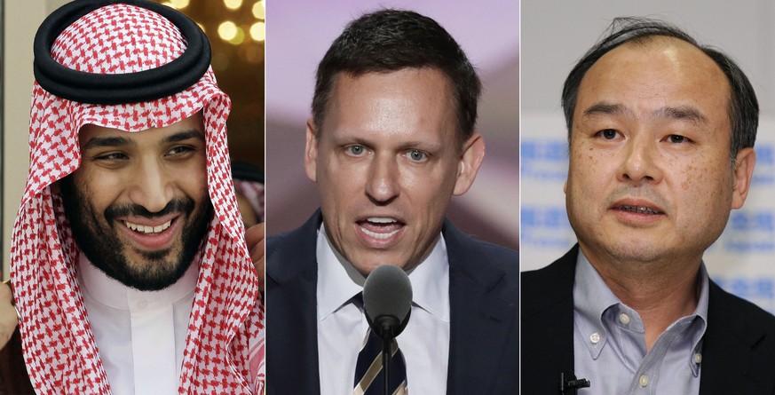 Bildcombo: Mohammed bin Salman, Peter Thiel, Masayoshi Son (v.l.)