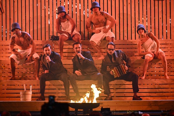 STOCKHOLM, SWEDEN 20250308 The music group KAJ performs the song Bara bada bastu during the final of the Melodifestivalen song contest at Strawberry Arena in Stockholm, Sweden, on March 08, 2025. KAJ  ...