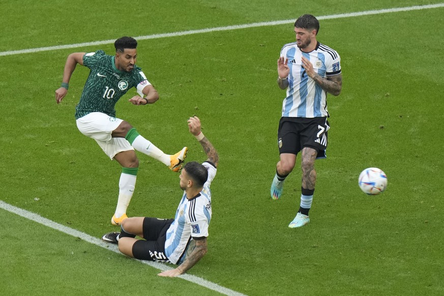 Saudi Arabia&#039;s Salem Al-Dawsari scores his side&#039;s second goal during the World Cup group C soccer match between Argentina and Saudi Arabia at the Lusail Stadium in Lusail, Qatar, Tuesday, No ...