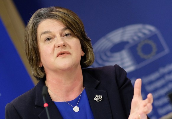 epa07080460 Leader of Northern Ireland&#039;s Democratic Unionist Party Arlene Foster gives a press conference after a meeting with Michel Barnier, the European Chief Negotiator of the Task Force for  ...