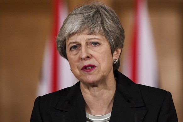 epa07451814 British Prime Minister Theresa May makes a statement inside number 10 Downing Street in London, Britain, 20 March 2019. According to reports, British Prime Minister Theresa May has request ...