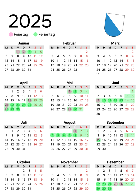 Ferienkalender Feiertage 2025 Zürich