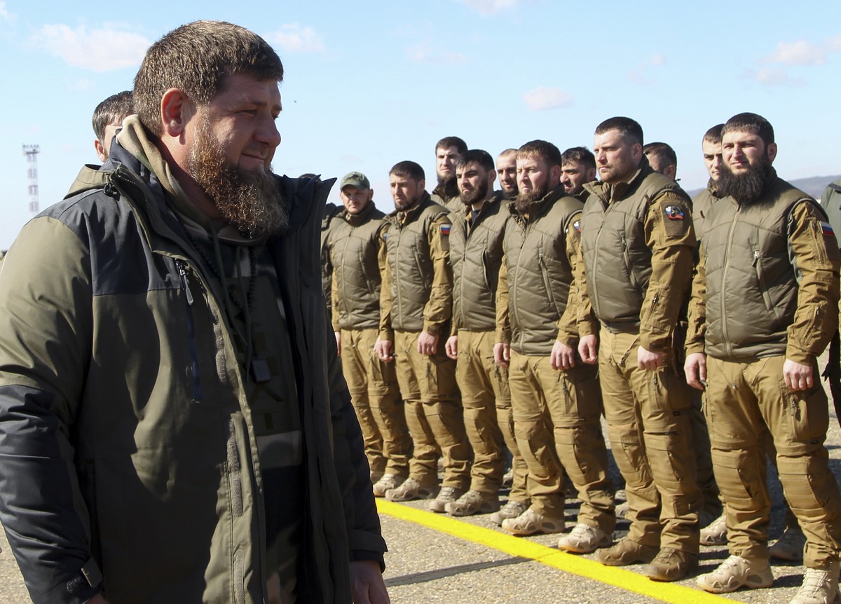 Chechnya's regional leader Ramzan Kadyrov inspects troops before their deployment for an exercise in the Arctic at an airport outside Grozny, Russia, Tuesday, March 9, 2021. (AP Photo/Musa Sadula ...