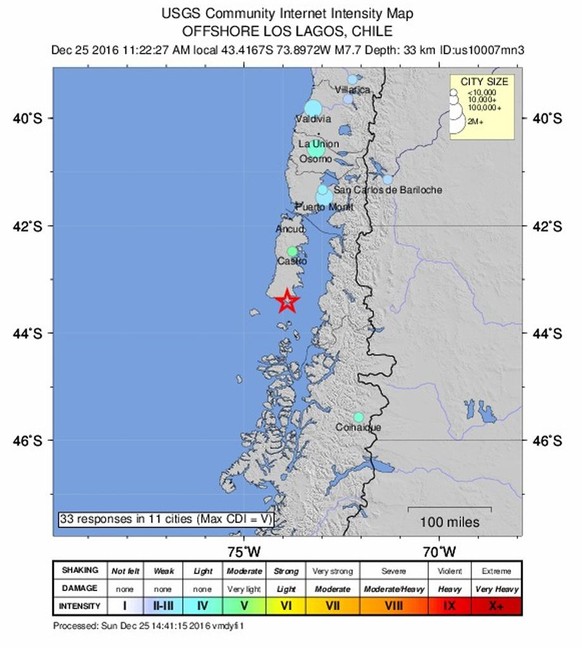 epa05688092 A handout photo made available by the US Geological Survey (USGS) on 25 December 2016 of a shakemap showing the epicenter (marked with a star) of a 7.7 magnitude earthquake detected some 2 ...