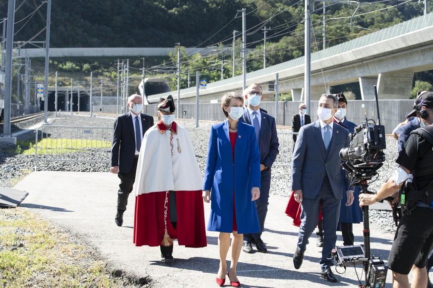 The tunnel portal, photograph on the opening Day of the Ceneri Base Tunnel. Swiss federal president Simonetta Sommaruga by the opening ceremony. on Friday, 4 September 2020, in Camorino, Switzerland.  ...