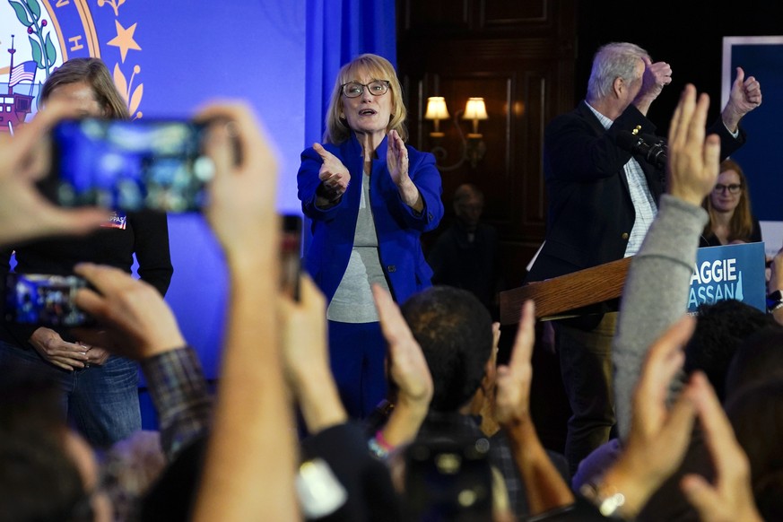 Sen. Maggie Hassan, D-N.H., reacts to supporters cheering during an election night campaign event Tuesday, Nov. 8, 2022, in Manchester, N.H. (AP Photo/Charles Krupa)
Maggie Hassan