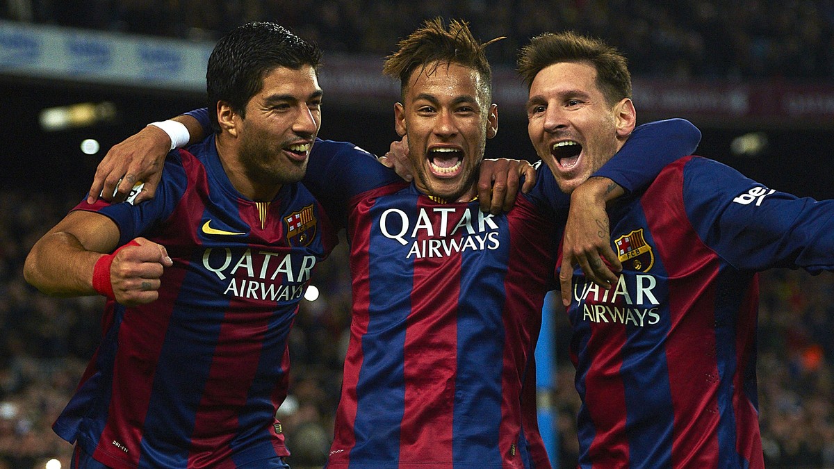 FILE - In this Jan. 11, 2015 file photo, FC Barcelona's Lionel Messi, from Argentina, right, Neymar, from Brazil, center, and Luis Suarez, from Uruguay, celebrate after scoring against Atletico M ...