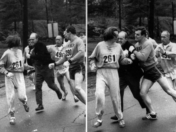 A woman, listed only as Kathy Switzer of Syracuse, found herself about to be thrown out of the normally all-male Boston Marathon when a husky companion, Thomas Miller of Syracuse, threw a block that t ...
