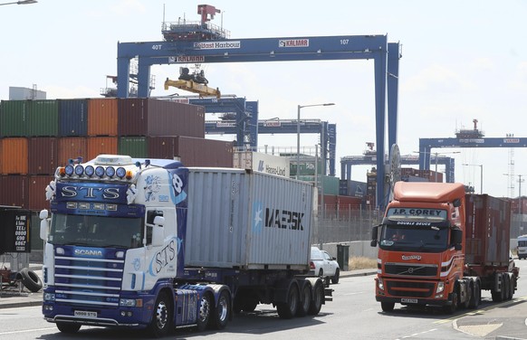 Heavy goods vehicles at Belfast Harbour, one of the main goods transit points between The UK and Europe, in Dublin, Ireland, Wednesday July 21, 2021. Tense post-Brexit relations between Britain and th ...
