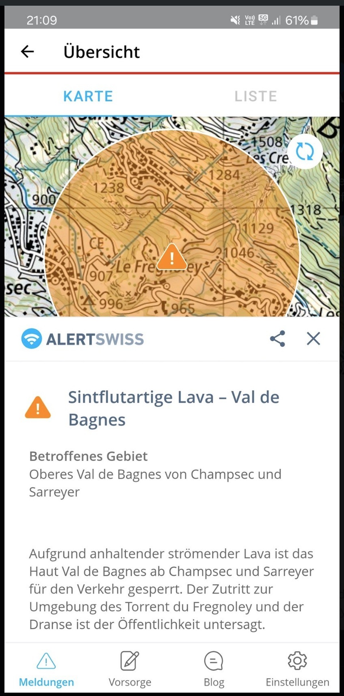 Falsche Lava-Warnung der Alertswiss-App im Wallis.