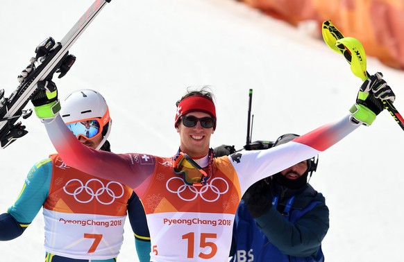 epa06552423 Silver medal winner Ramon Zenhaeusern of Switzerland reacts after the Men's Slalom at the Yongpyong Alpine Centre during the PyeongChang 2018 Olympic Games, South Korea, 22 February 2018.  EPA/VASSIL DONEV