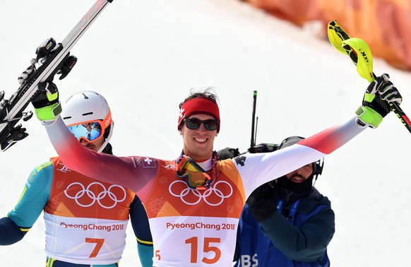 epa06552423 Silver medal winner Ramon Zenhaeusern of Switzerland reacts after the Men&#039;s Slalom at the Yongpyong Alpine Centre during the PyeongChang 2018 Olympic Games, South Korea, 22 February 2 ...